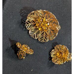 Vintage brooch clip on earrings, gold tone faux amber rhinestones filigree